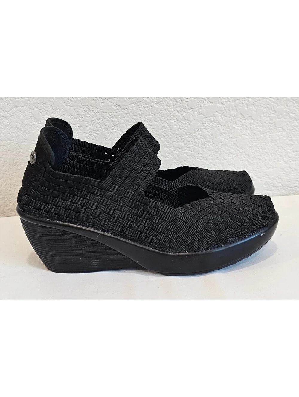 Bernie Mev Women's Black Woven Mary Jane Wedge Shoes Size 37, US 6-6.5
